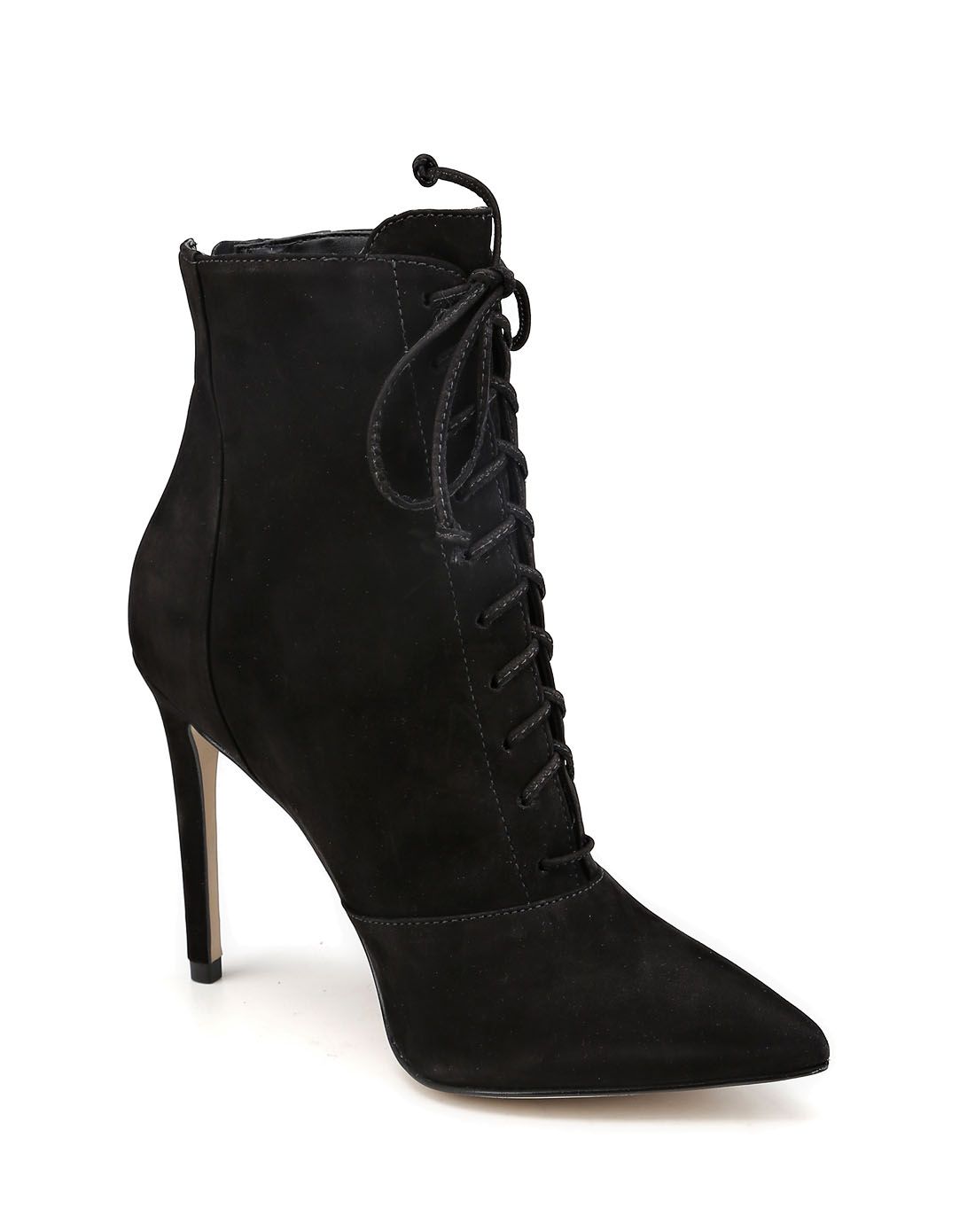 2015年新款 进口黑色简约尖头系带高跟短靴