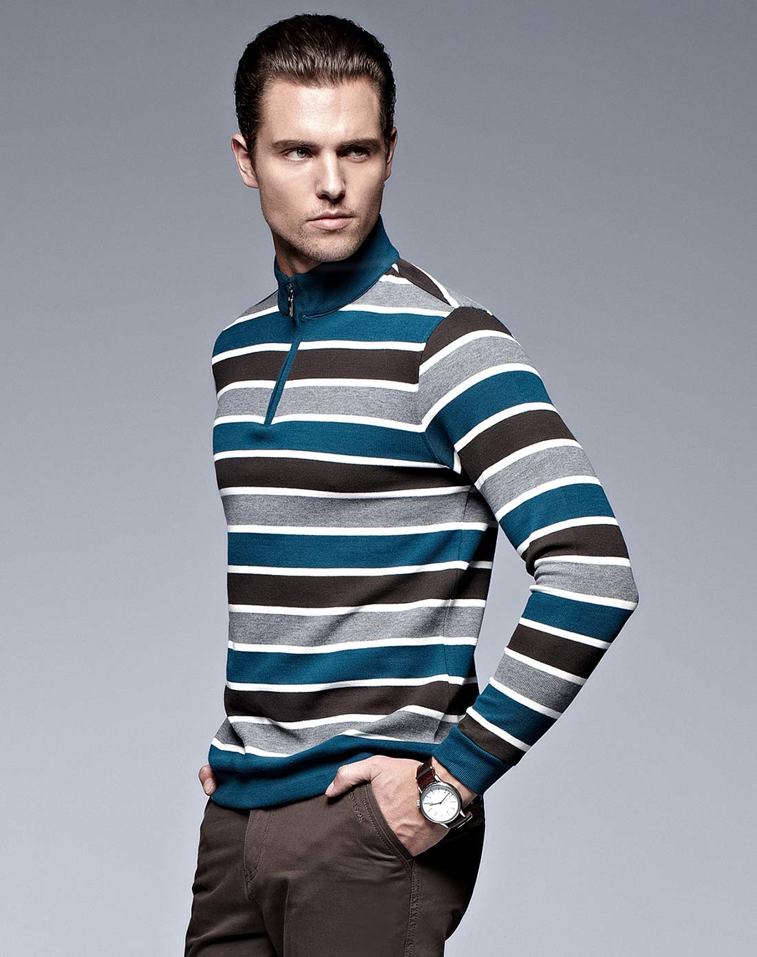 deon绿色间条半开襟拉链长袖t恤dn0272l07230_唯品会