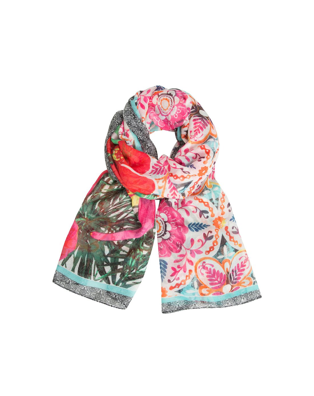 desigual女款灰/玫红色几何花卉印花装饰围巾