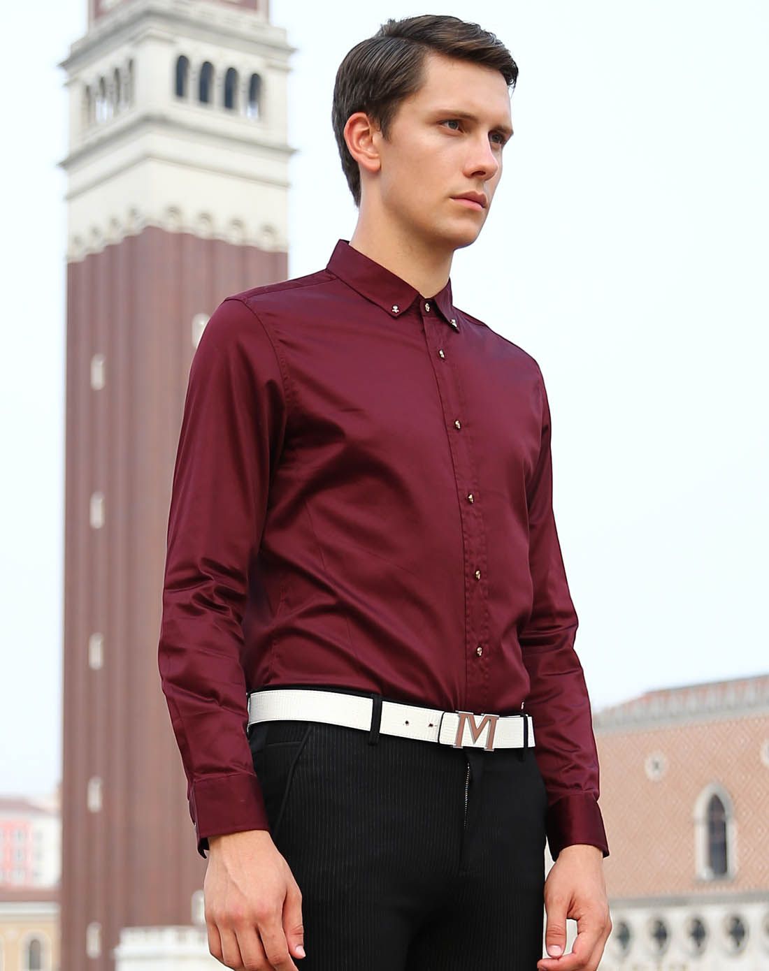 莫畏轻奢男士酒红色修身长袖衬衫