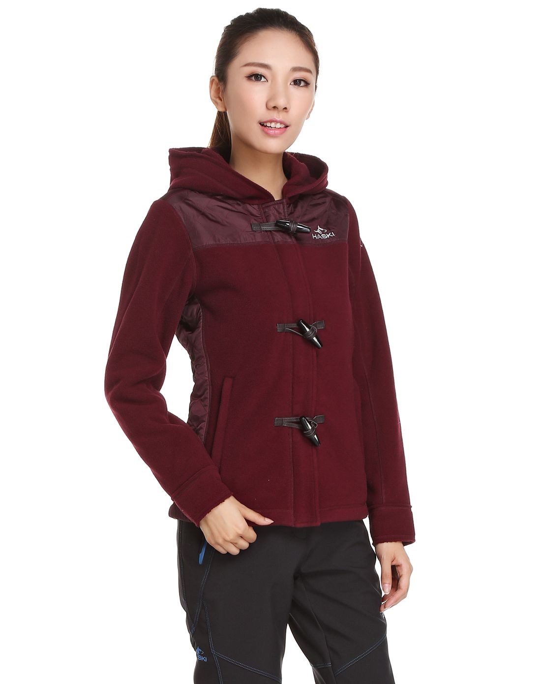 haski时尚户外专场轻质透气 女款葡萄红色长袖连帽抓绒外套wf40811-28