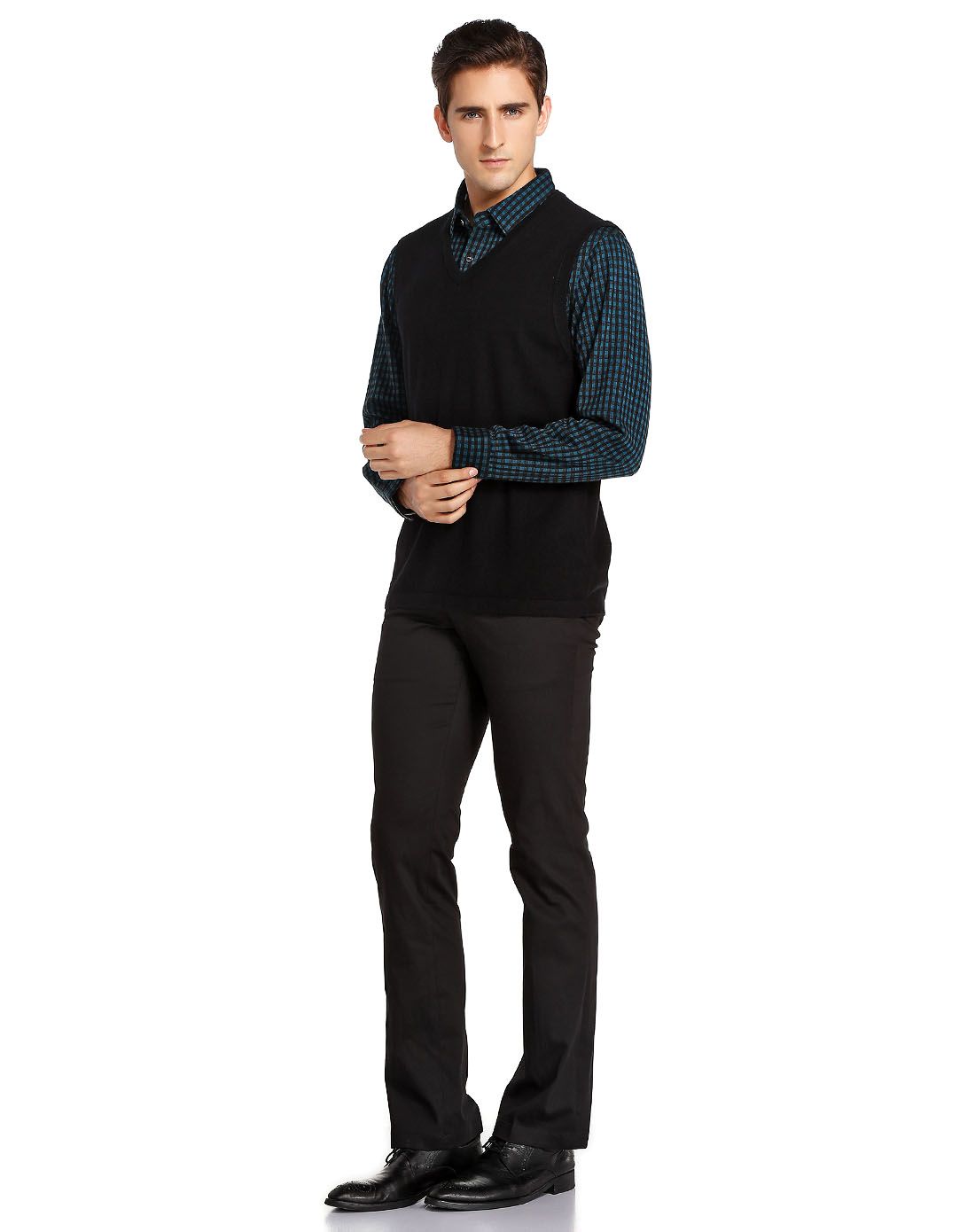 路卡迪龙luka dilong男装专场 > 深湖蓝/黑色羊毛混纺休闲假两件针织