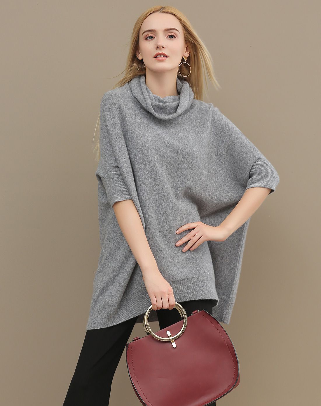 盆领宽松休闲套头羊绒衫