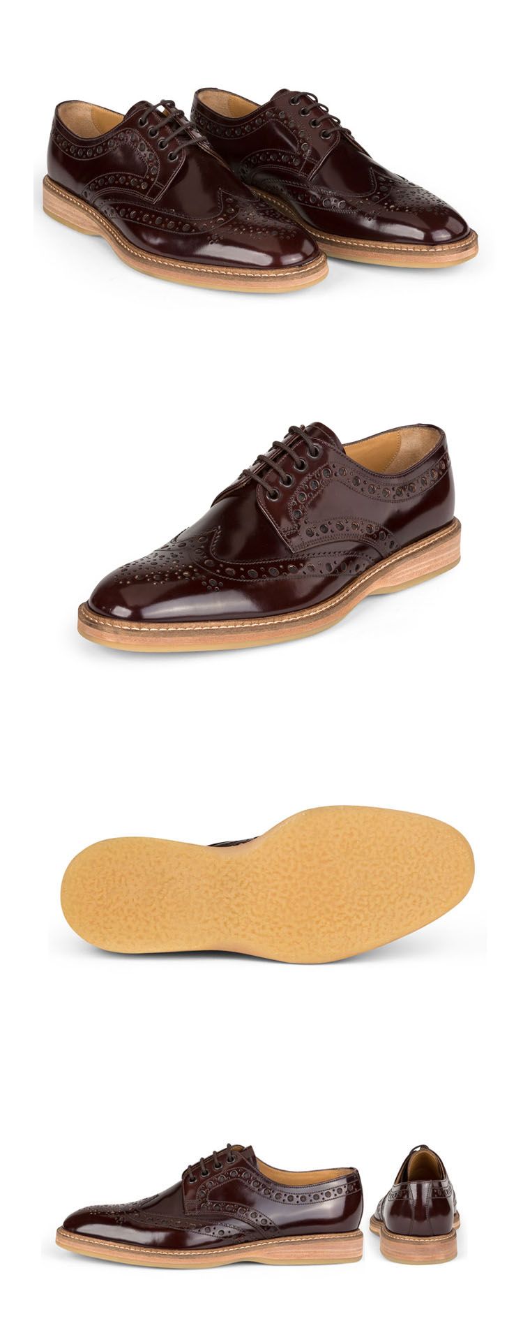 酒红色手工牛皮布洛克雕花男士休闲鞋