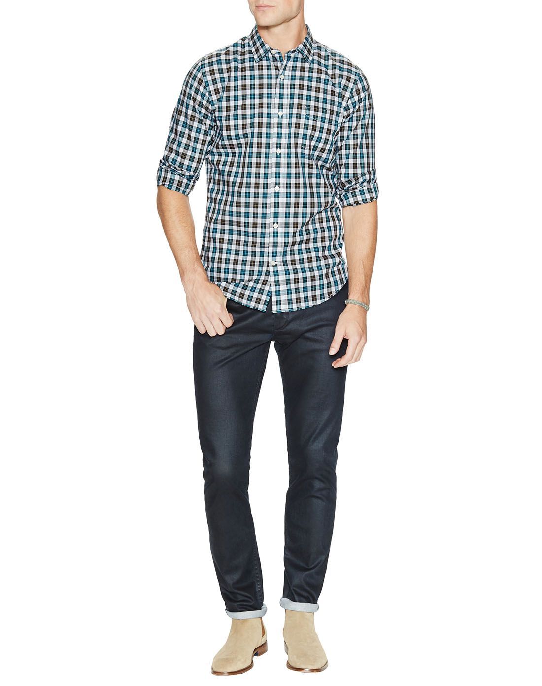 vince男装专场 > vince蓝绿/多色简约格纹长袖衬衫