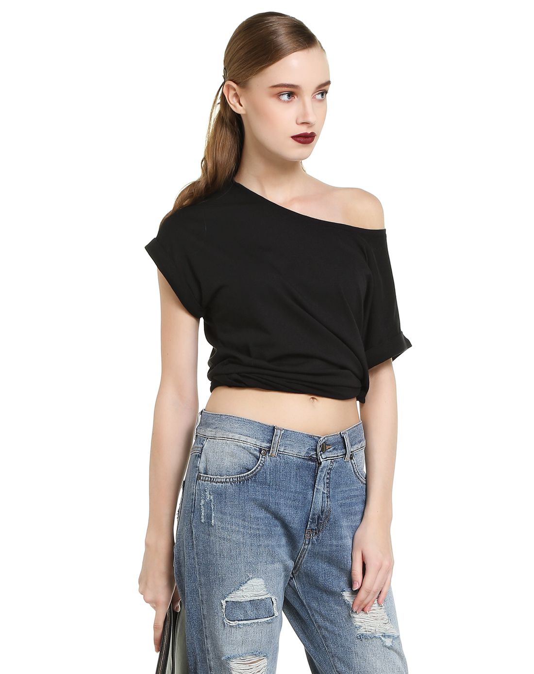 sisley女款黑色基础百搭盖肩袖t恤