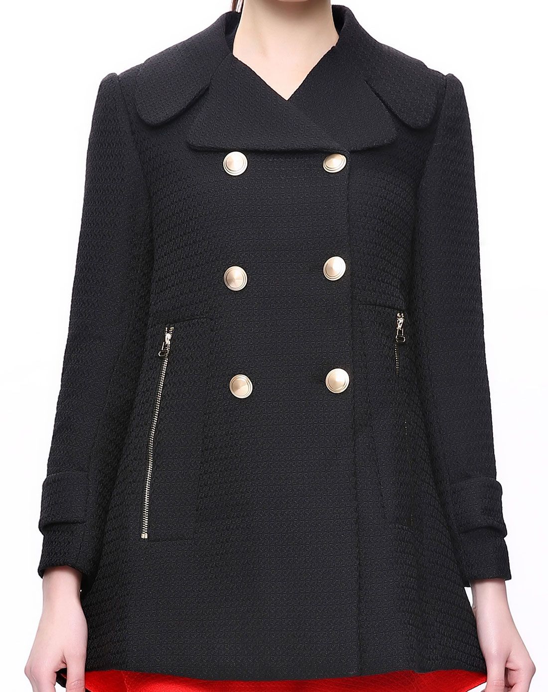 黑色a字版双排扣金属拉链风衣