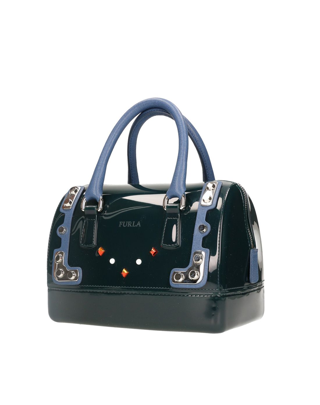 > furla墨绿色果冻铆钉拼接手提包