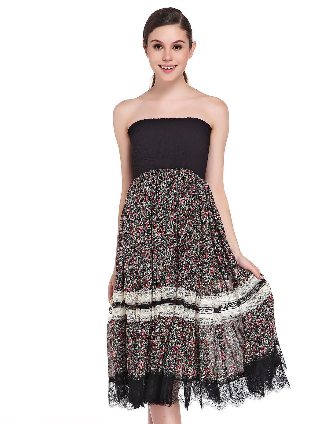 红绿花打缆拼接抹胸连衣裙