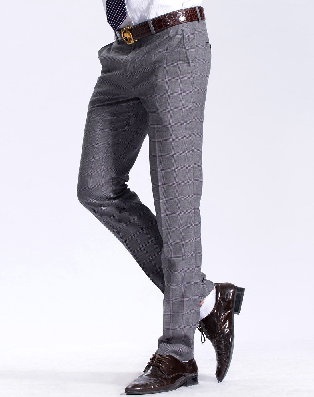 男款灰格修身款商务结婚礼服西裤