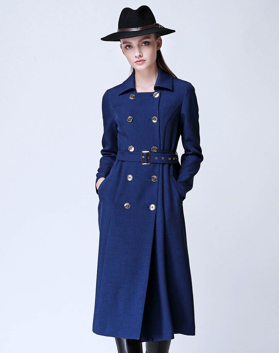 深蓝色双排扣斯文长袖长款风衣