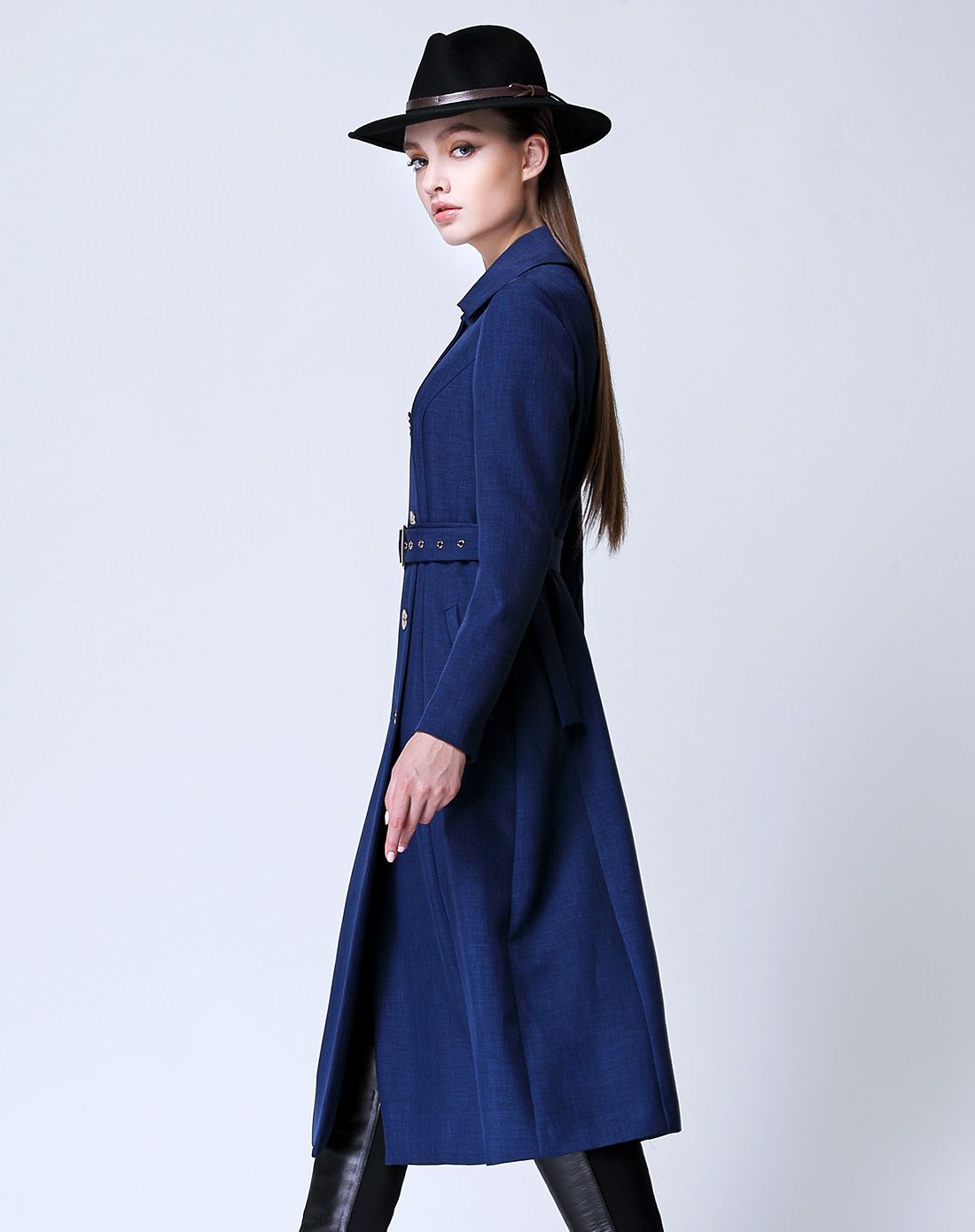 深蓝色双排扣斯文长袖长款风衣