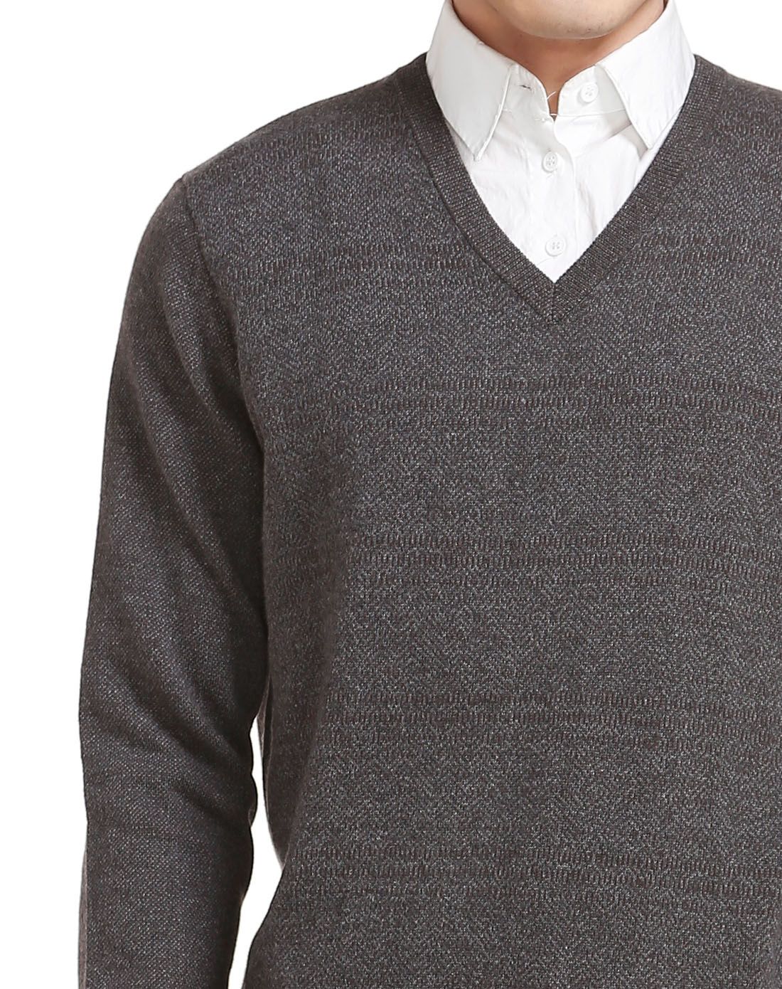 棕/灰色舒适v领长袖山羊绒衫