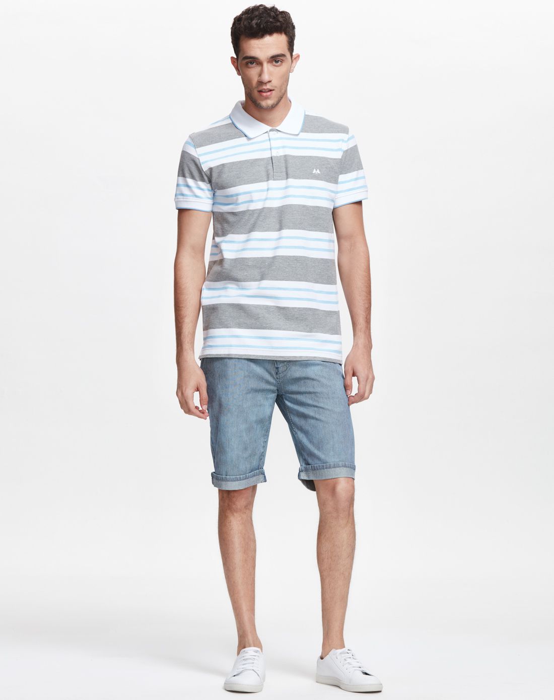 灰白蓝条纹透气舒适休闲短袖t恤