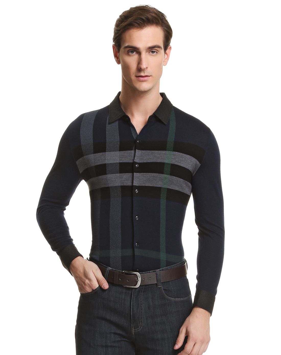 博斯绅威bosssunwen男装反季专场蓝色时尚细腻柔软舒适开胸羊毛衫bw