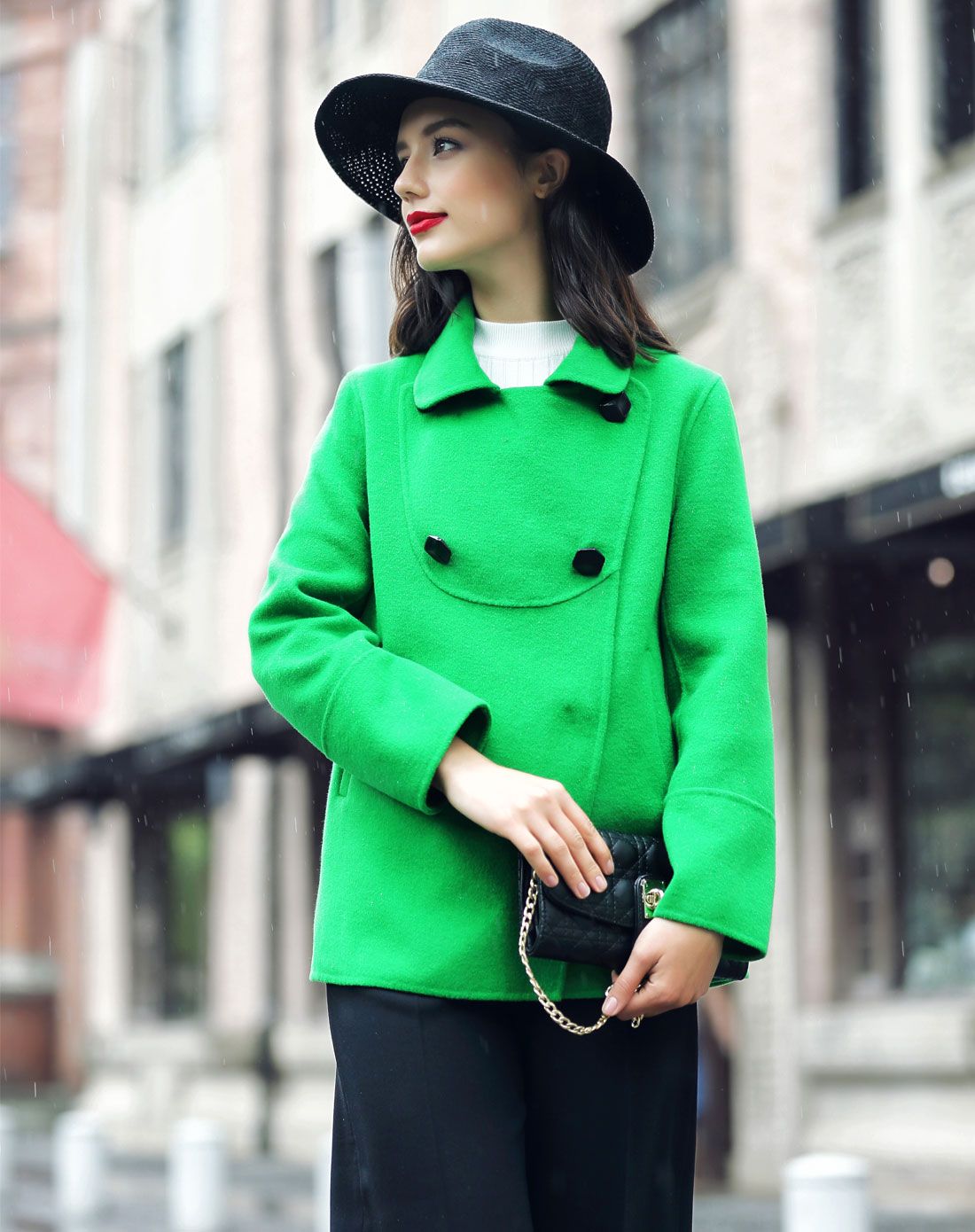 翠绿色韩版纯色短款手工大衣