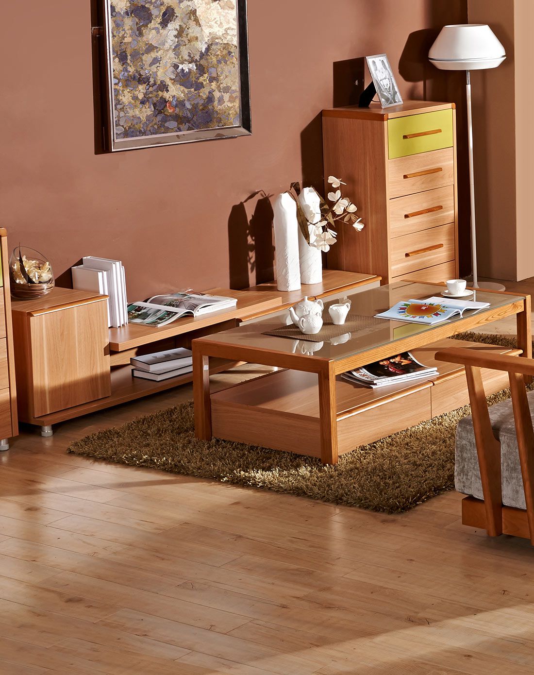 金海马kinhom家具专场和风系列中式伸缩电视柜 茶几黄胡桃色a165a132