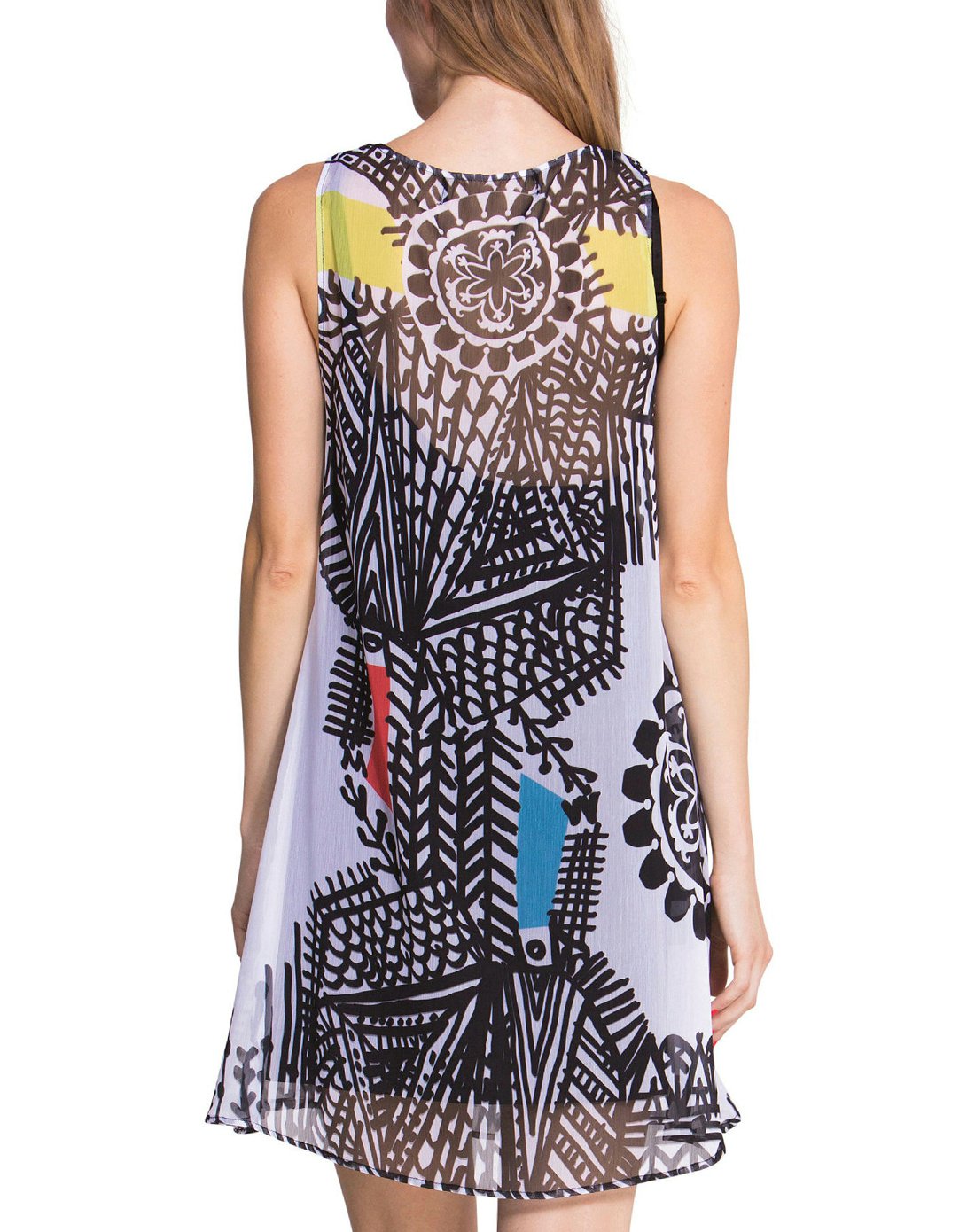 desigual女款白/混色印花拼贴装饰无袖连衣裙