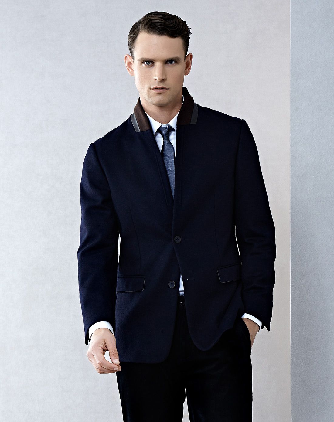 蓝标标准版型藏蓝色立领羊毛休闲西服