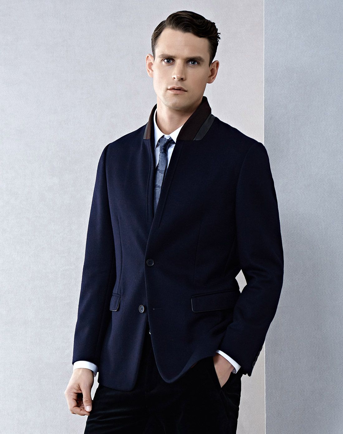 蓝标标准版型藏蓝色立领羊毛休闲西服