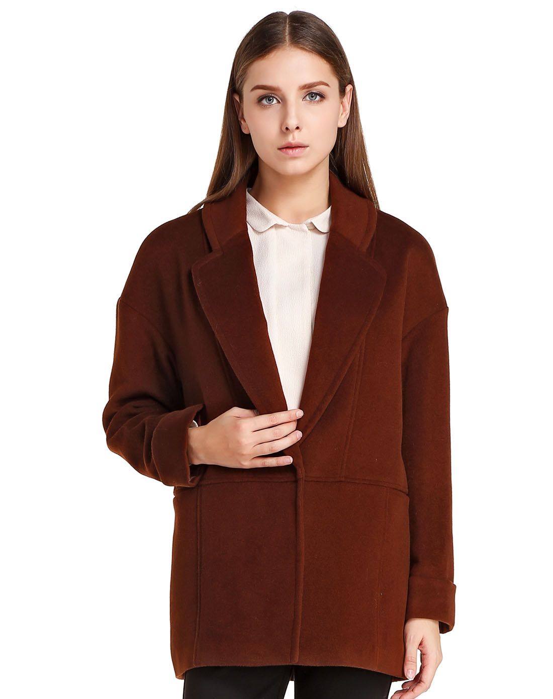 德桑深朱红色翻领魅力长袖大衣