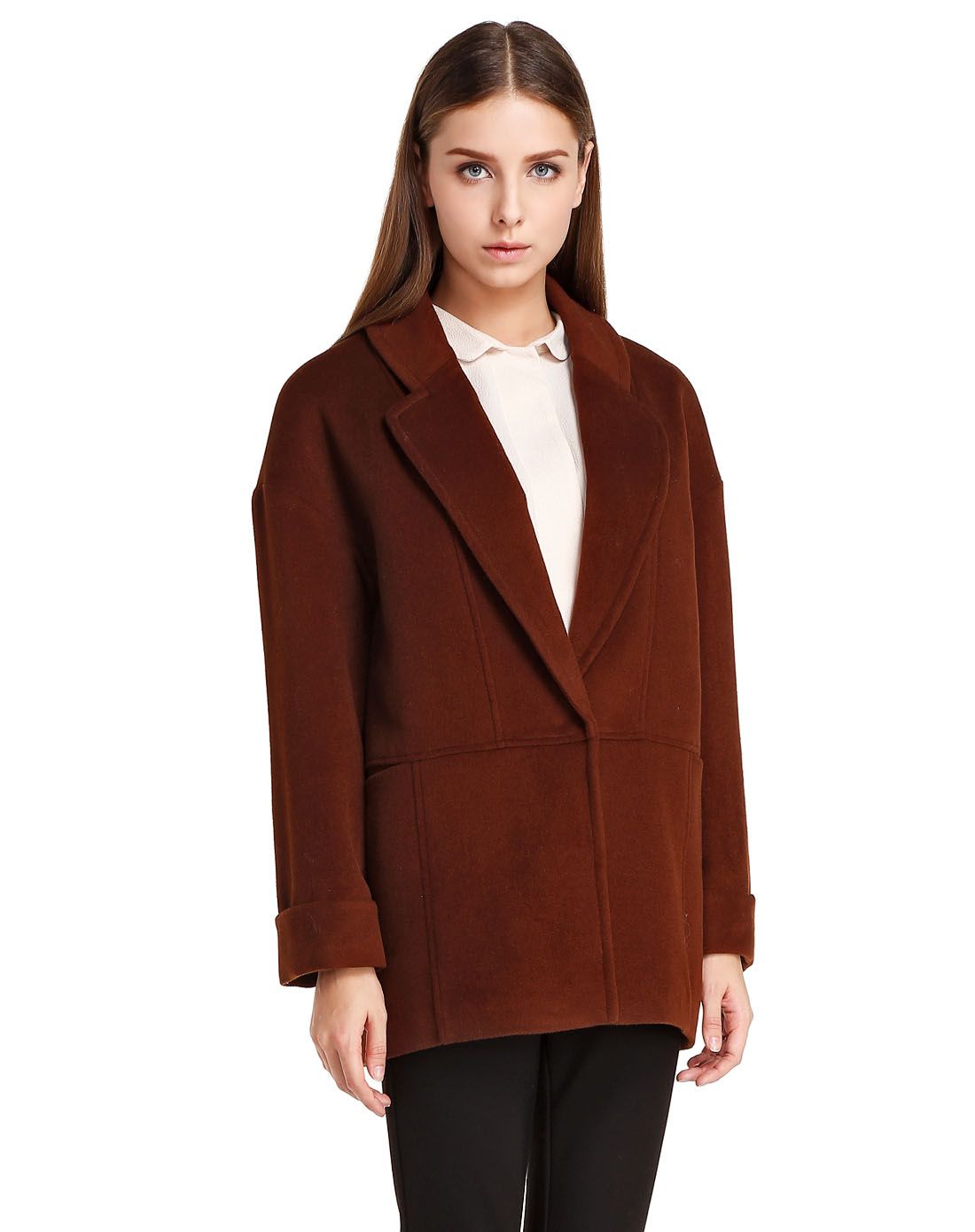 > 德桑深朱红色翻领魅力长袖大衣