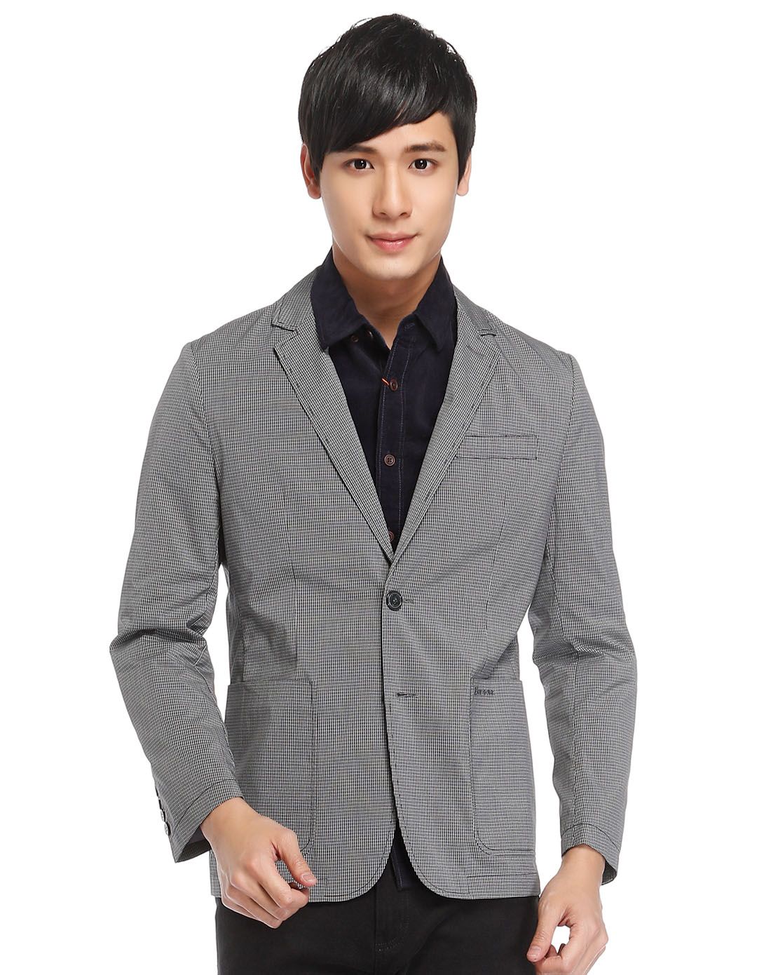 舒爽格纹 男款黑灰色长袖休闲西装外套