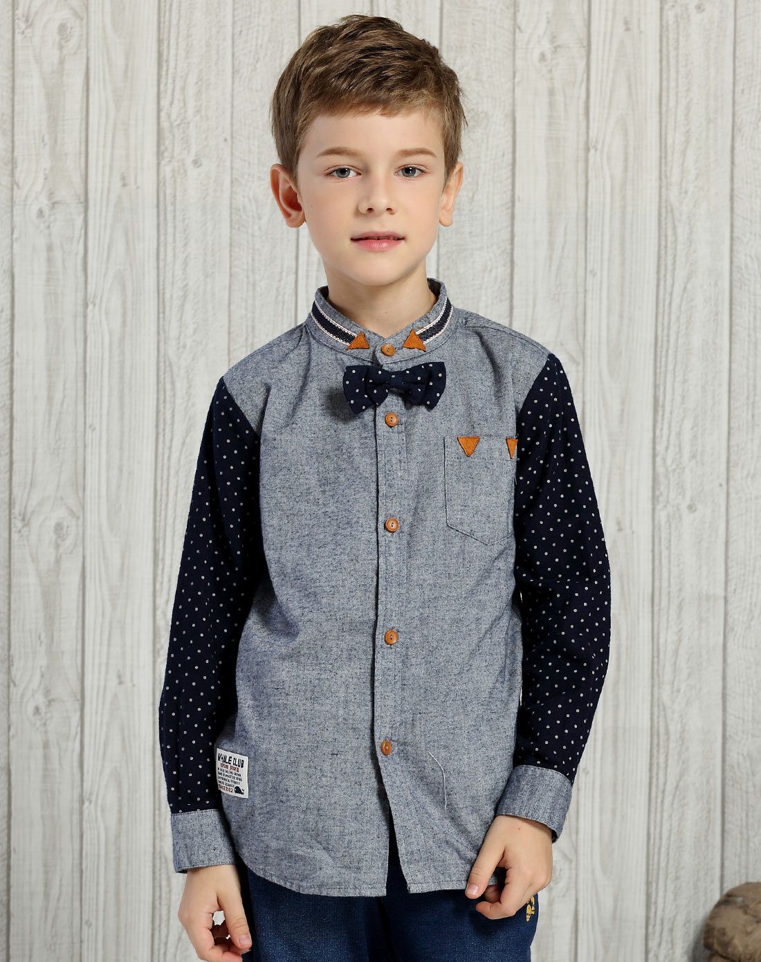 男童麻蓝时尚带领结立领衬衣
