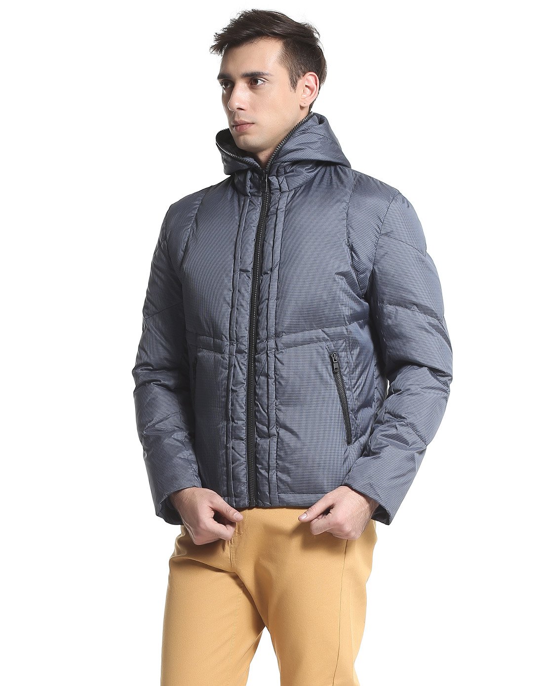 蓝灰色潮流连帽长袖羽绒服