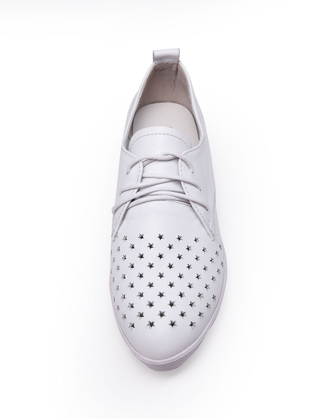 白色牛皮鞋面冲空绑带小尖头平底单鞋