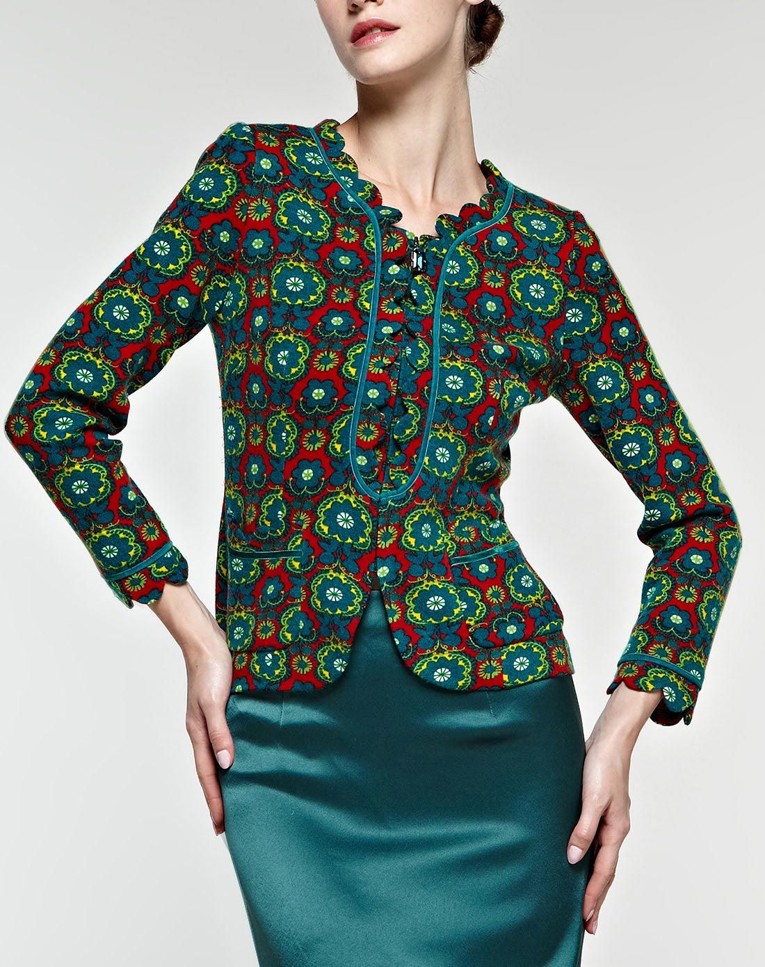 女红绿花佩斯利花纹针织外套