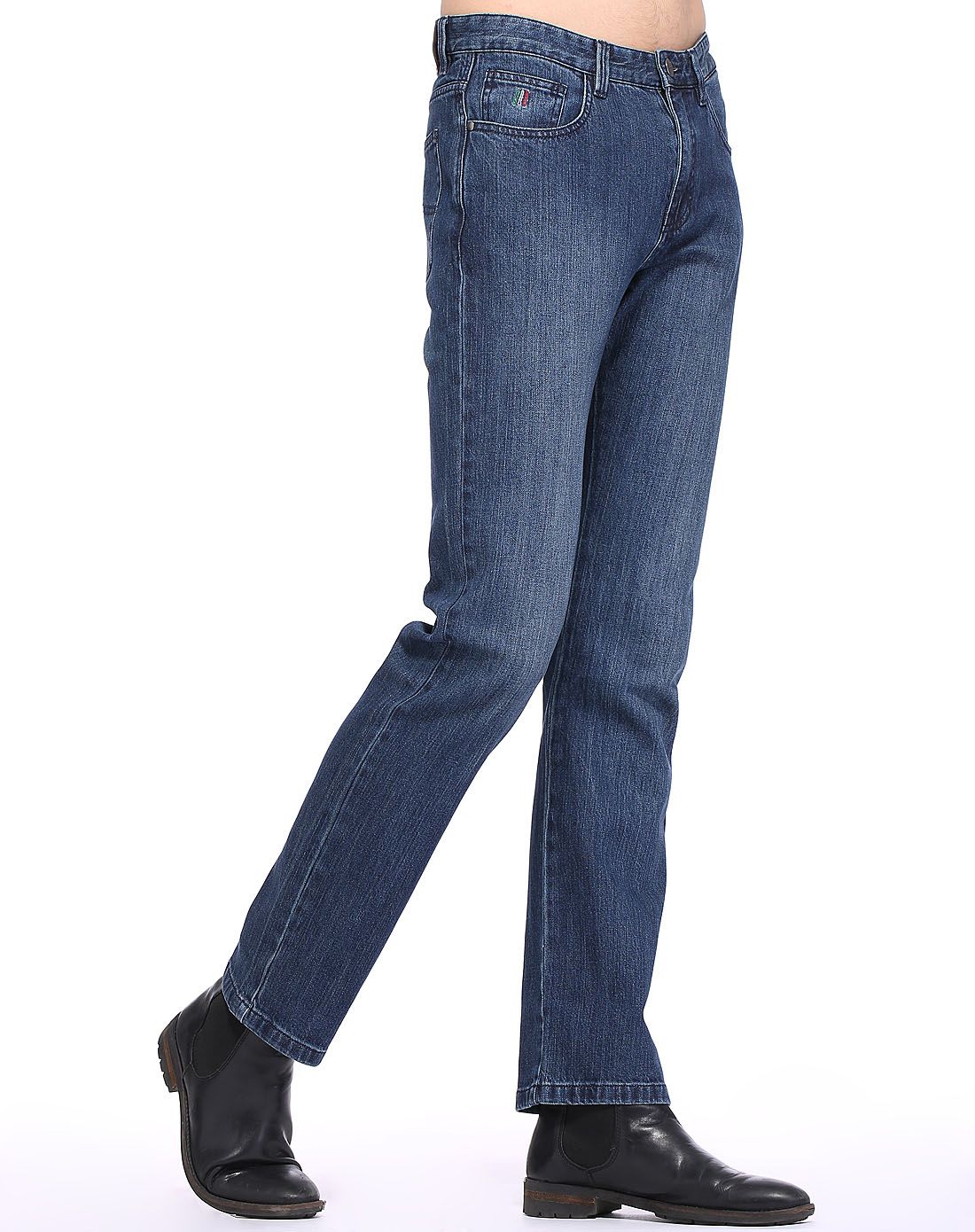 宝蓝色竖纹修身弹力棉牛仔裤