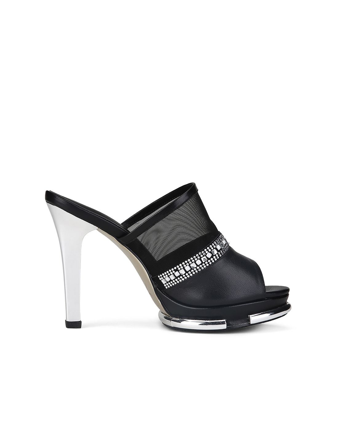 黑色羊皮革/织物/合成革水钻女士凉拖