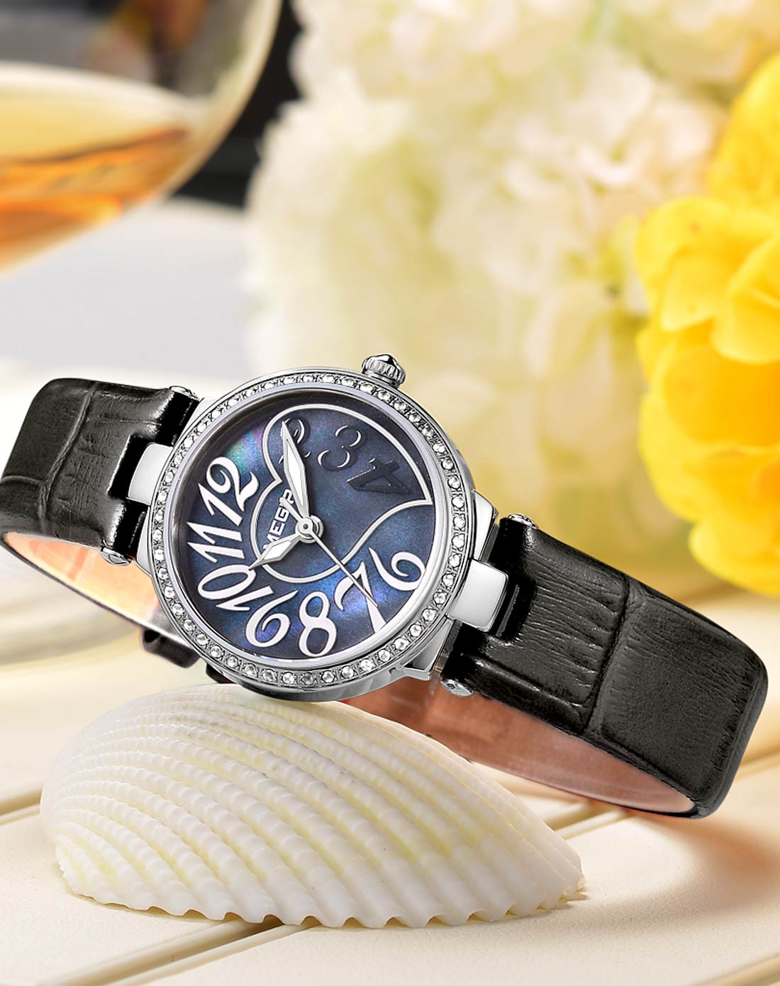 美格尔megir手表专场 黑色贝壳面女士皮带石英表