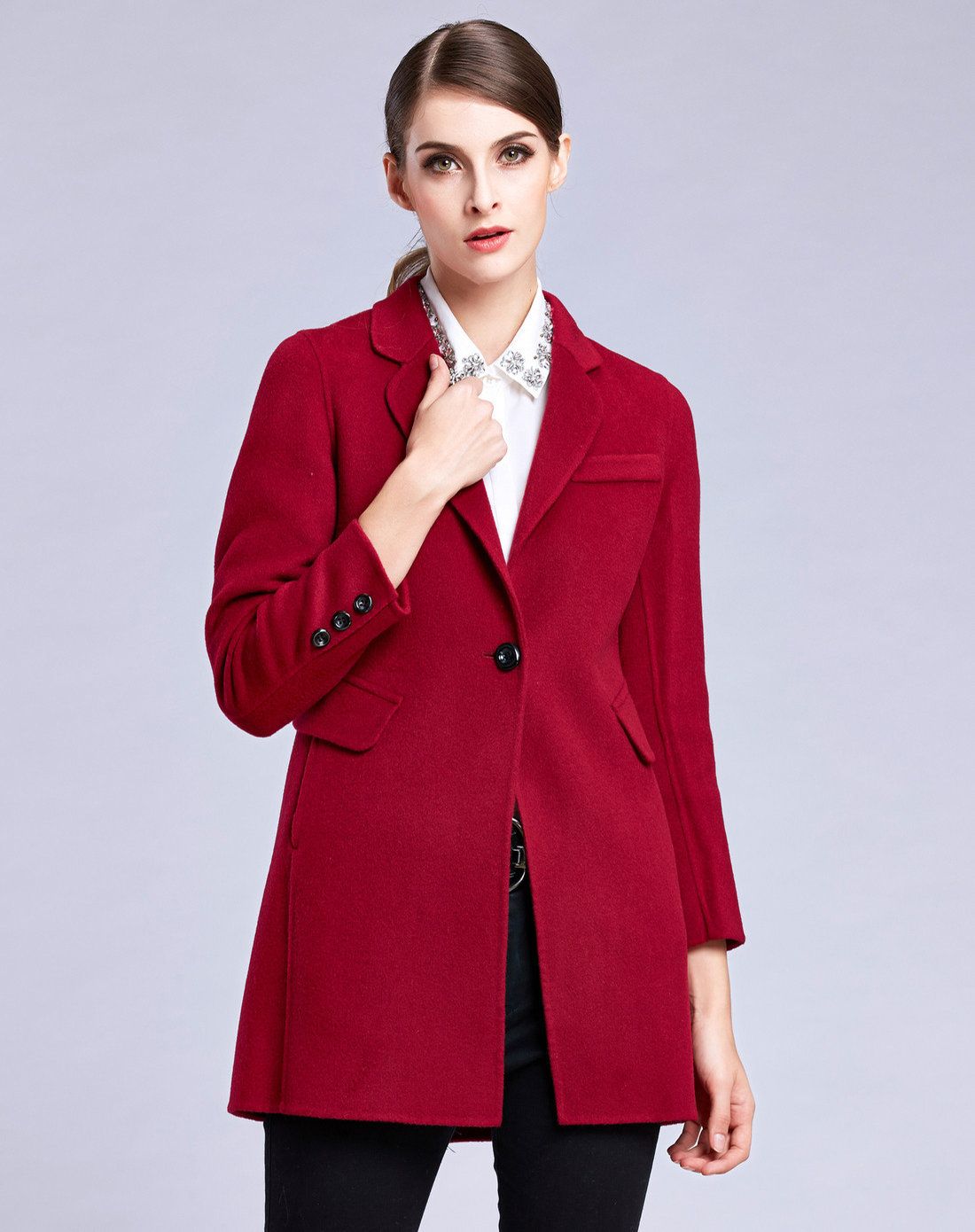 女款枣红色西装领双面呢大衣