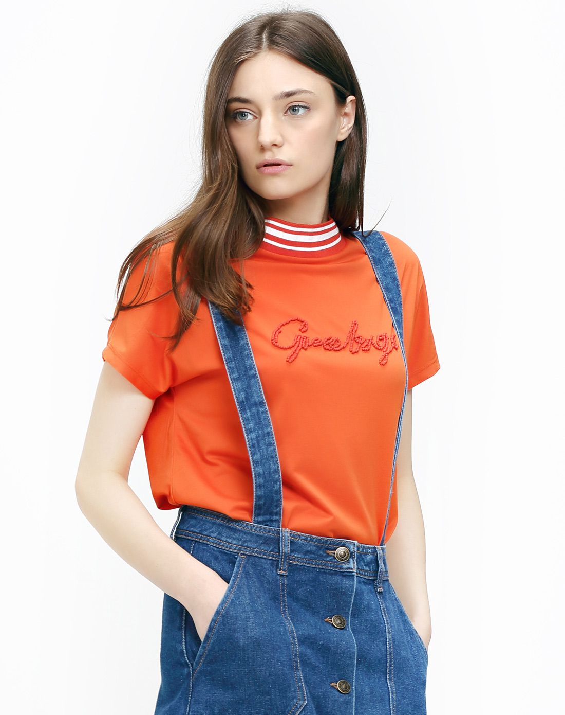 女款橙色显瘦撞色圆领珠子饰棉质短袖t恤