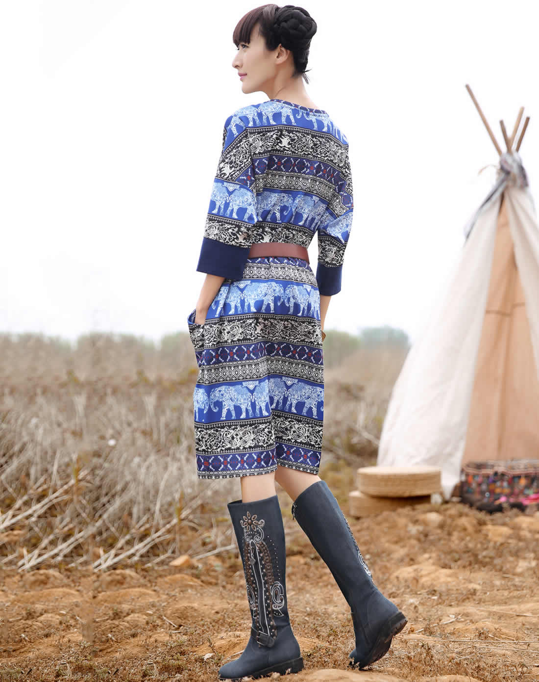 裂帛&莲灿女装裂帛 花色异域风圆领中袖针织连衣裙511510601304_唯品