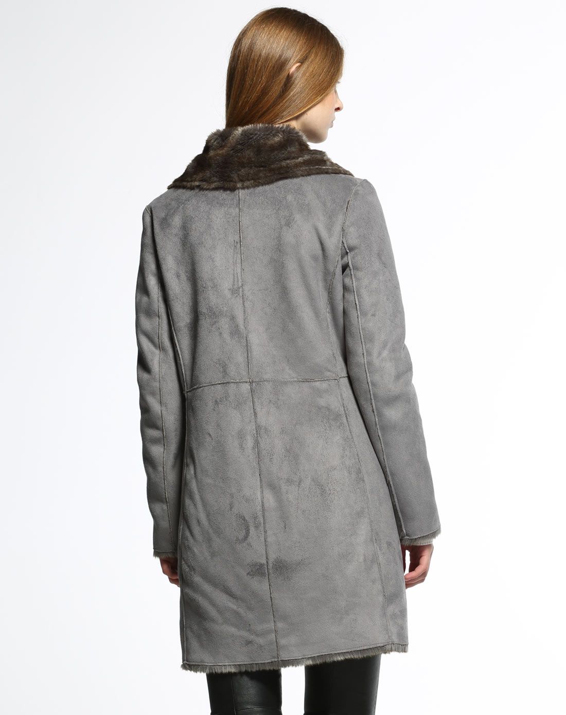 豆灰色时尚翻毛皮长袖大衣