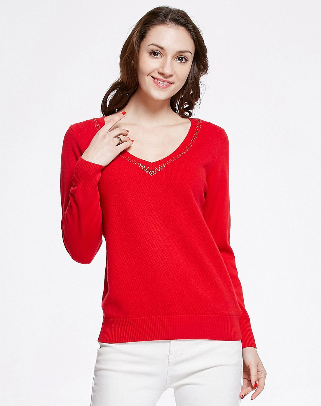 大红色v领亮片纯羊毛衫