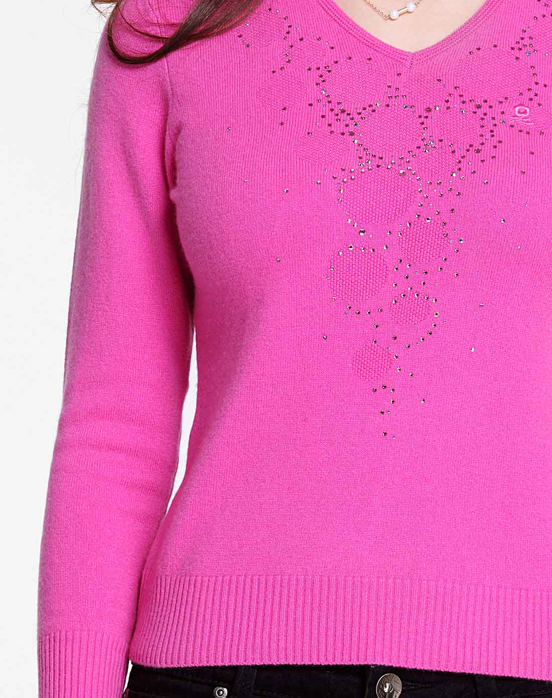 女款v领玫红色长袖纯羊绒衫