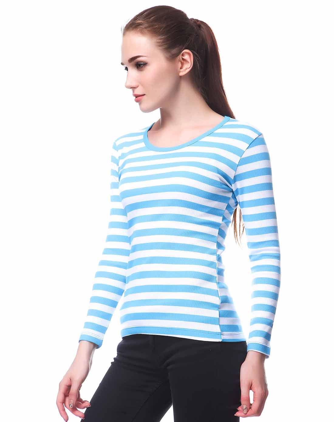 女士蓝白条纹基础薄款秋衣上衣