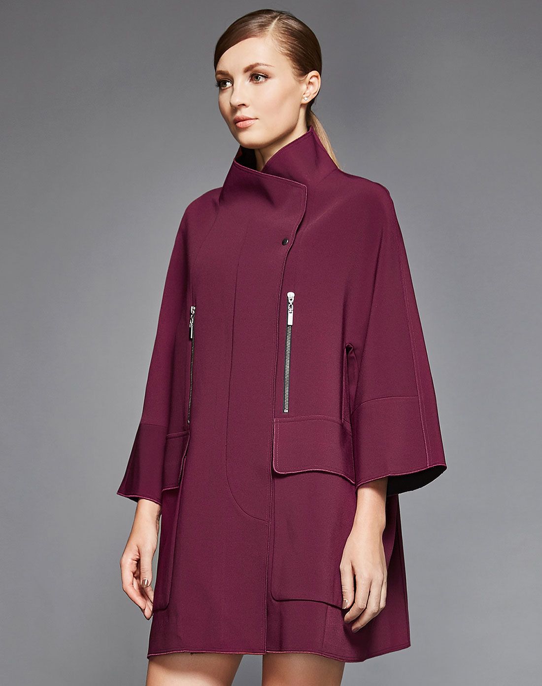 酒红大立领长袖双拉链时尚大衣