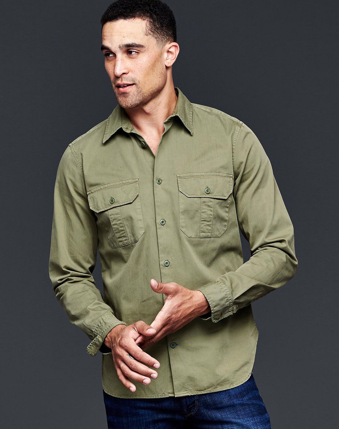 浅军绿色休闲风格长袖衬衫