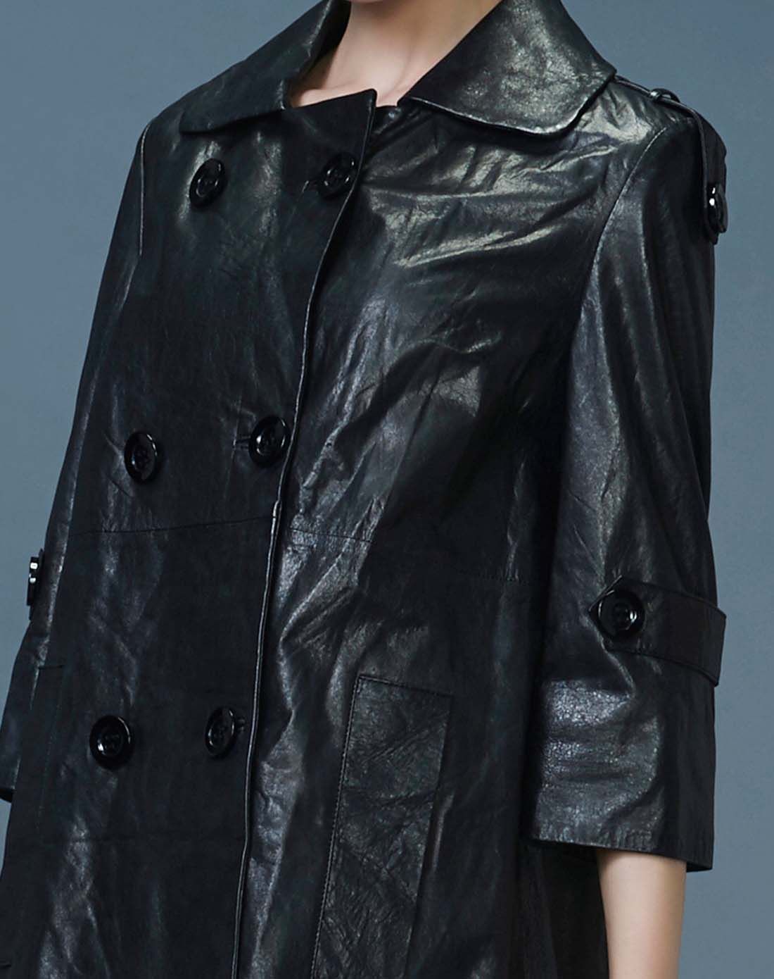 经典黑色宽松风衣型真皮皮衣外套女