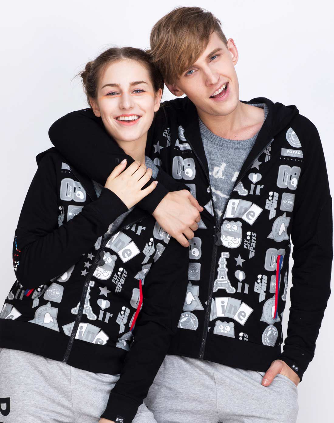 潮流指标男女服装满花连帽 中性款黑色拉链卫衣外套5317872-05_唯品会