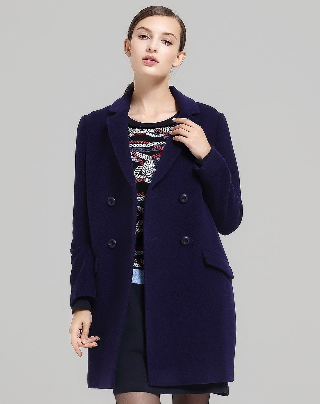 蕾朵liedow女装专场 紫蓝色唯美双排扣长袖中长款大衣