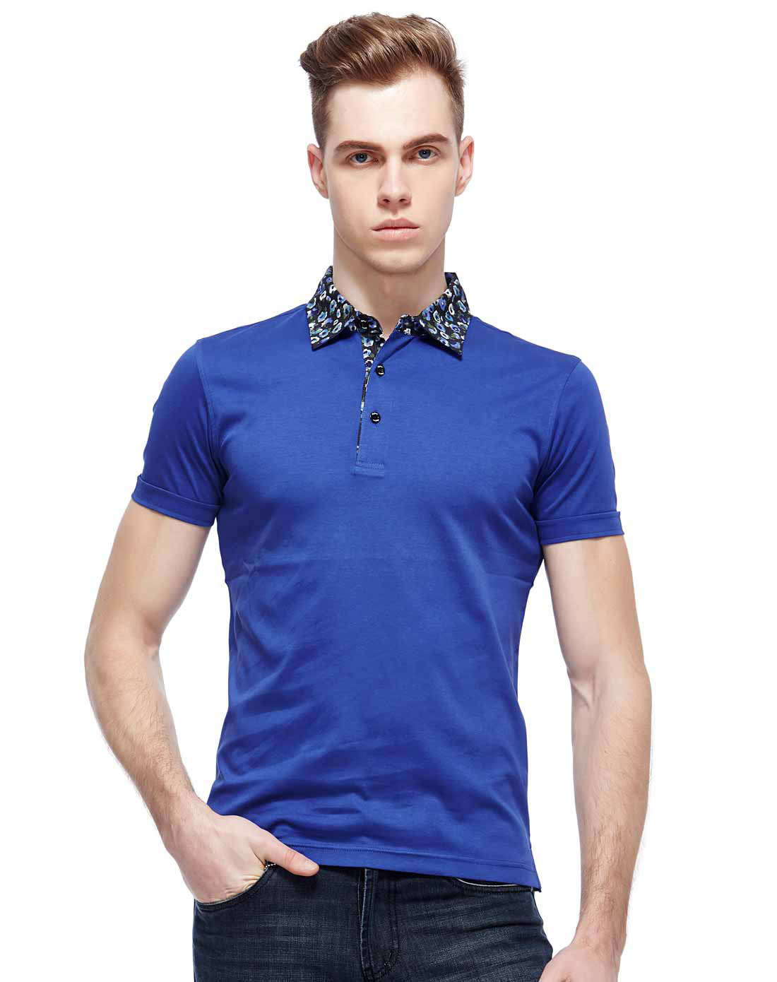 儒雅时尚碎花领子拼接柔滑透气全棉短袖t恤衫