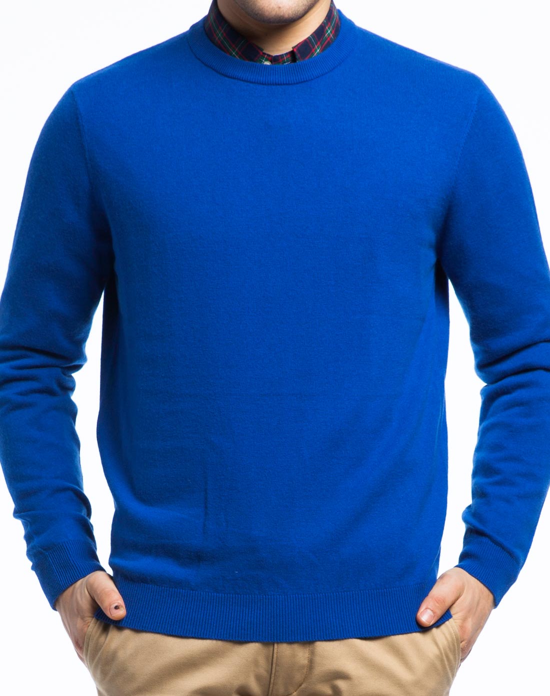 男款海蓝圆领纯色羊绒羊毛衫