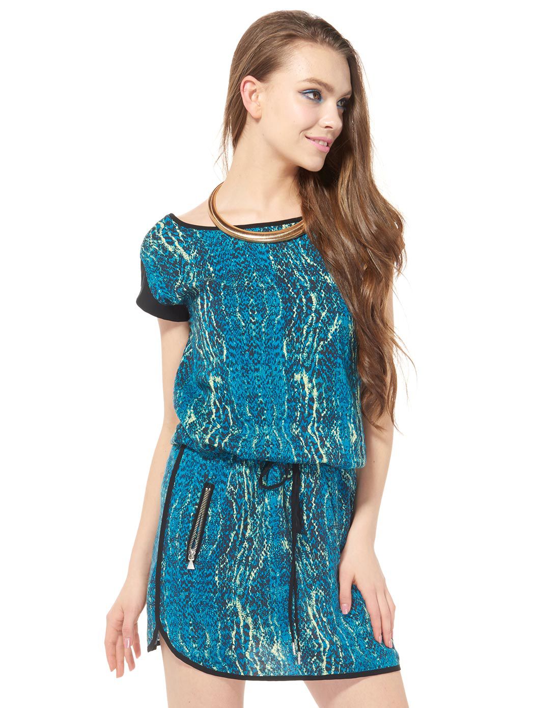 撞色花纹图案连衣裙