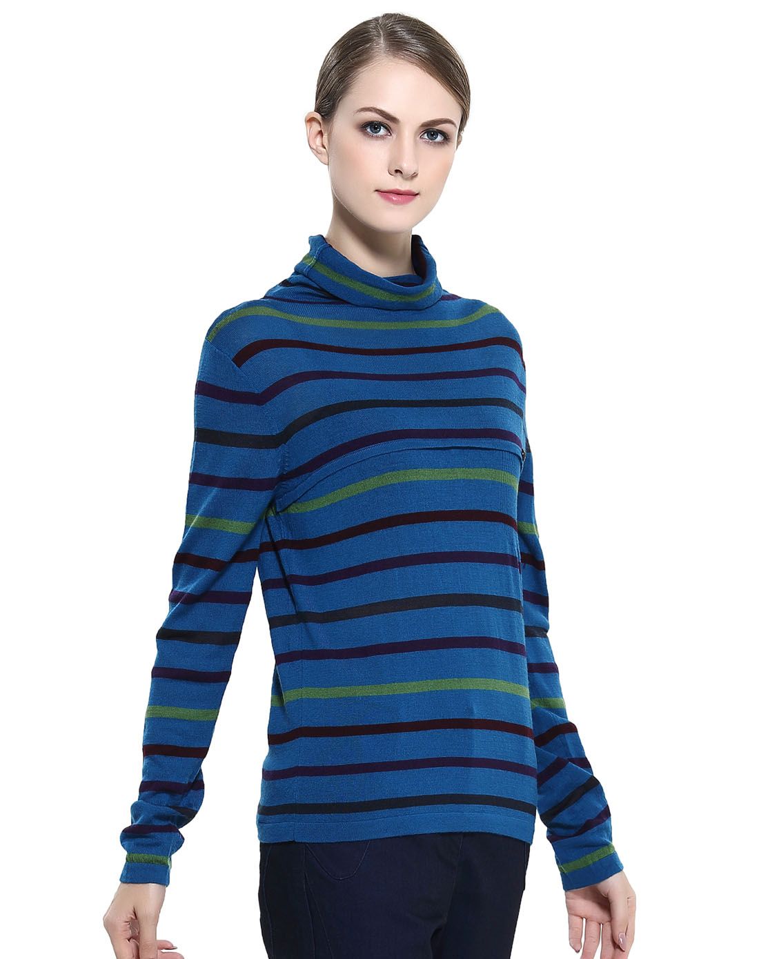 蓝/多色条纹高领长袖针织上衣